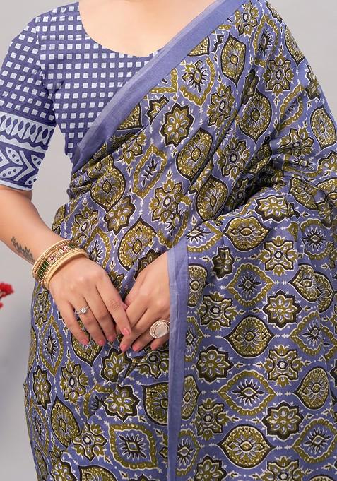 Multicolour Ajrakh Print Soft Cotton Saree Set