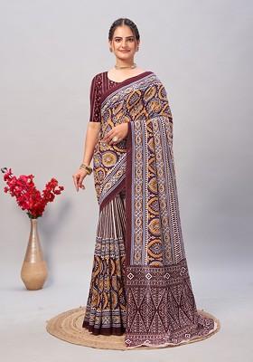 Wine Ajrakh Print Soft Cotton Saree Set