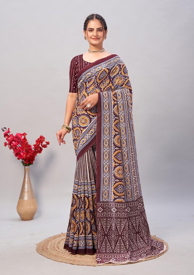 Wine Ajrakh Print Soft Cotton Saree Set