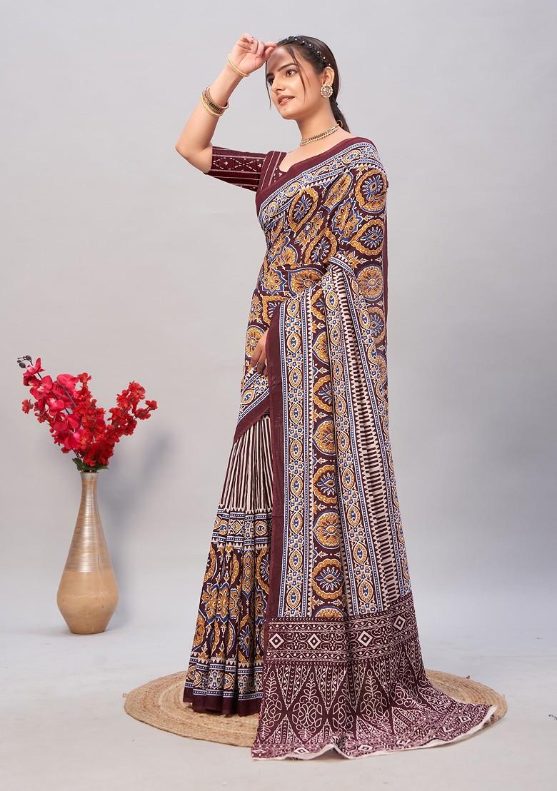 Wine Ajrakh Print Soft Cotton Saree Set
