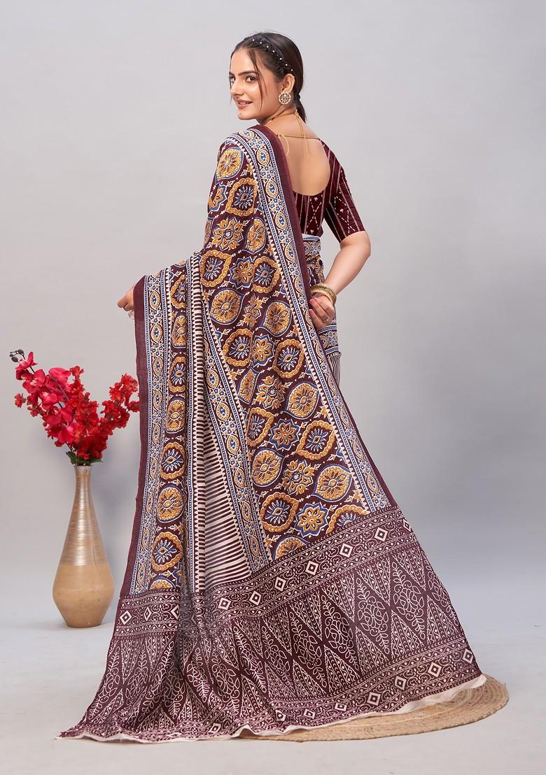 Wine Ajrakh Print Soft Cotton Saree Set