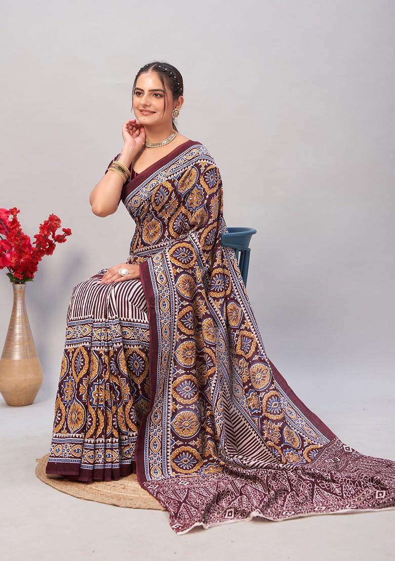 Wine Ajrakh Print Soft Cotton Saree Set