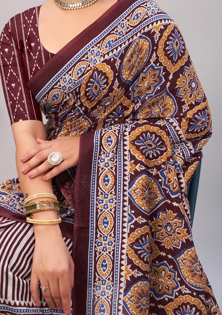 Wine Ajrakh Print Soft Cotton Saree Set