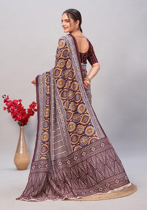 Wine Ajrakh Print Soft Cotton Saree Set