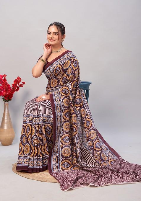 Wine Ajrakh Print Soft Cotton Saree Set