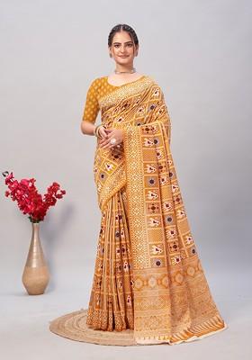 Yellow Ajrakh Print Soft Cotton Saree Set