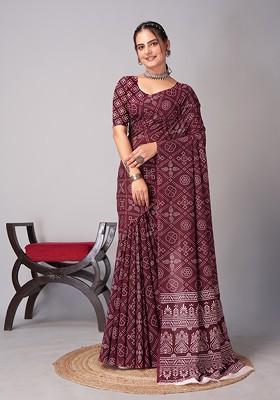 Wine Ajrakh Print Cotton Saree Set