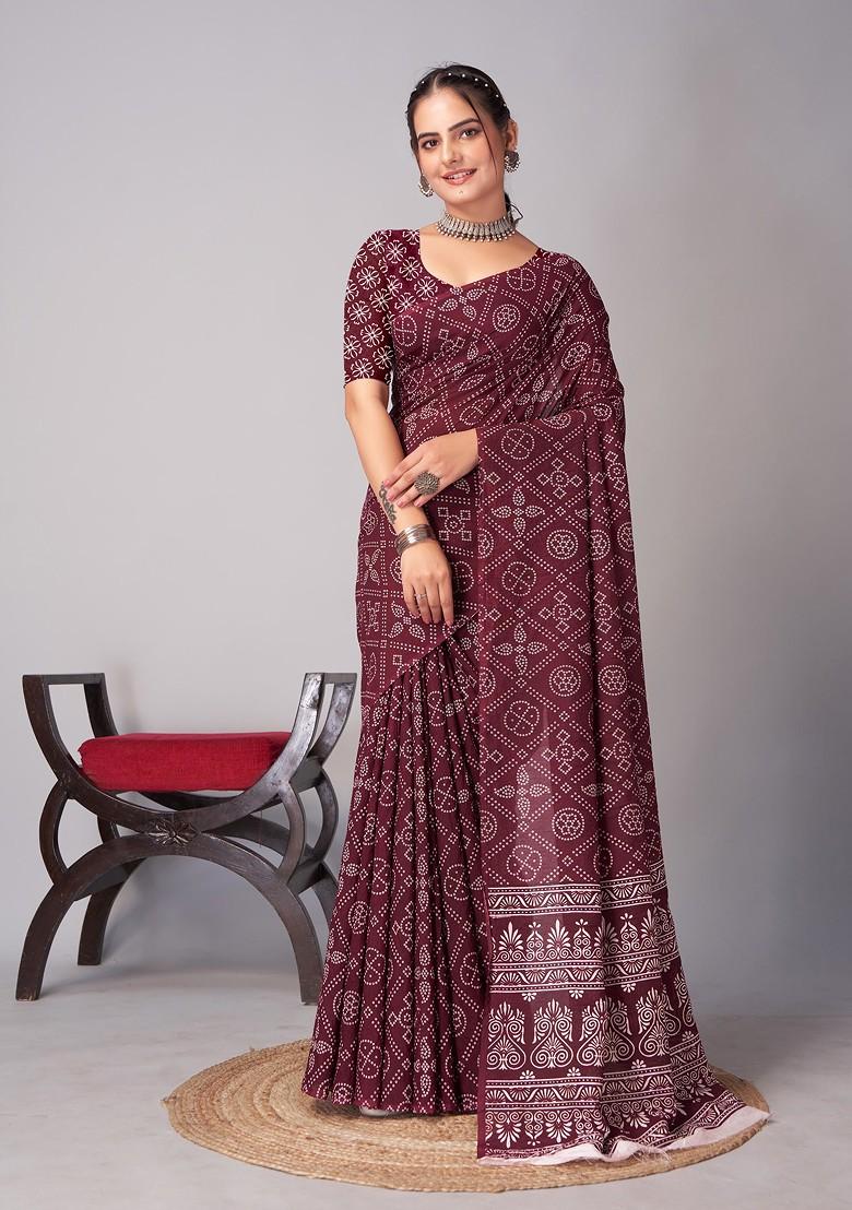 Wine Ajrakh Print Cotton Saree Set