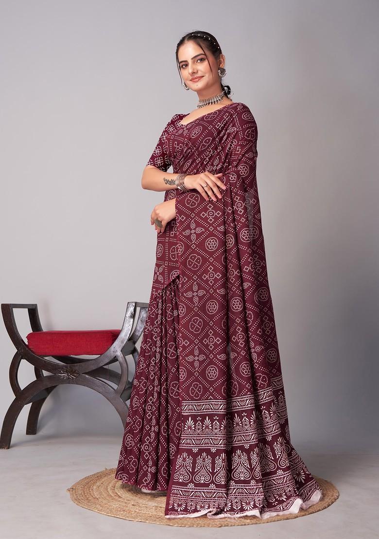 Wine Ajrakh Print Cotton Saree Set