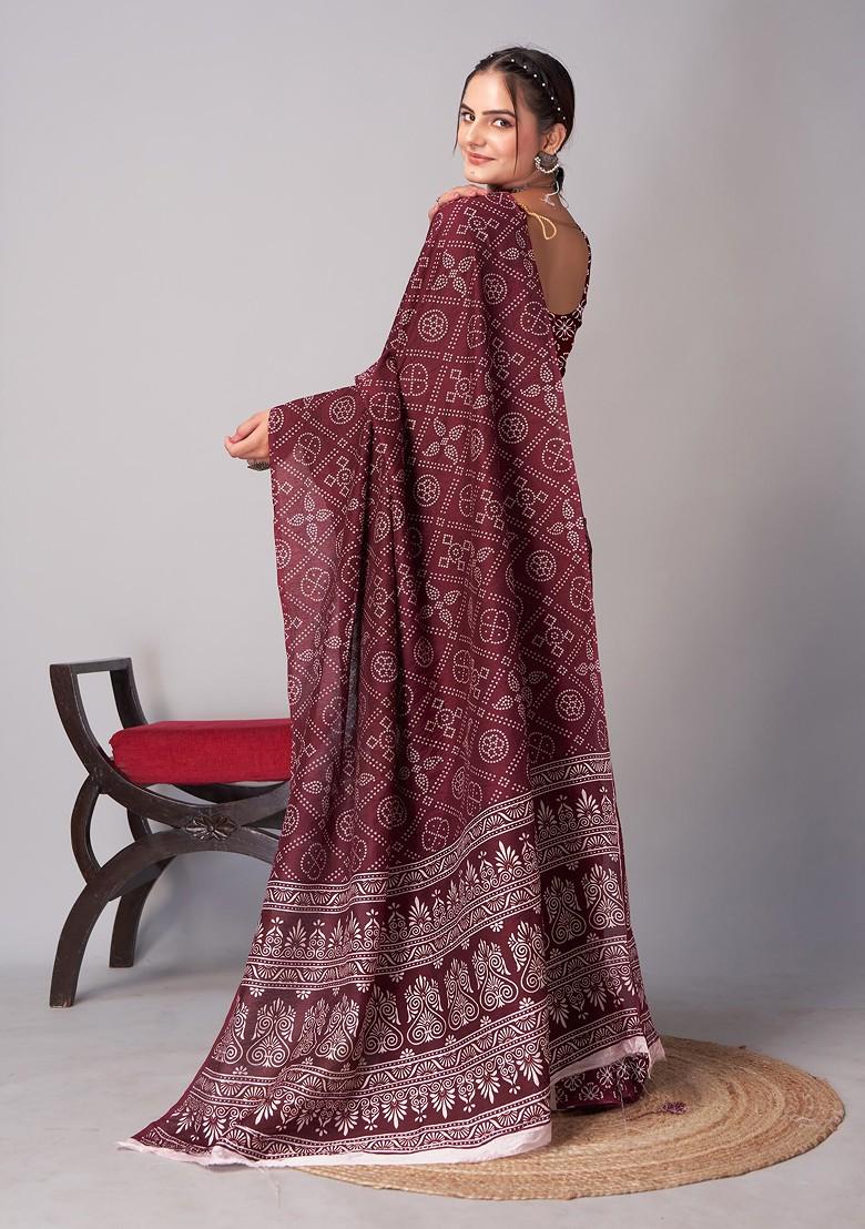 Wine Ajrakh Print Cotton Saree Set