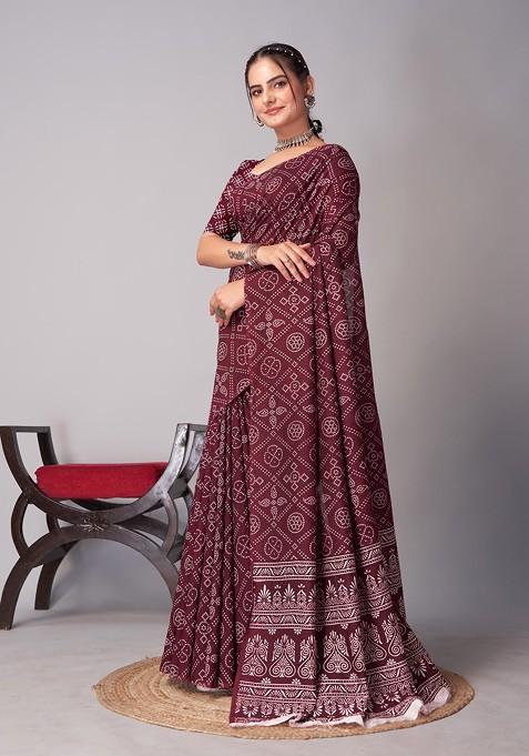 Wine Ajrakh Print Cotton Saree Set