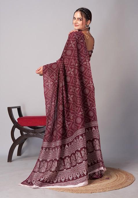 Wine Ajrakh Print Cotton Saree Set