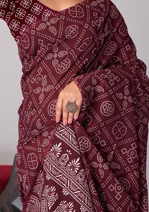Wine Ajrakh Print Cotton Saree Set