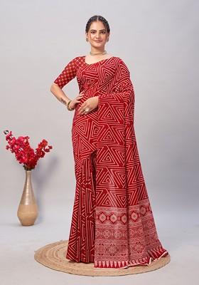 Maroon Ajrakh Print Cotton Saree Set