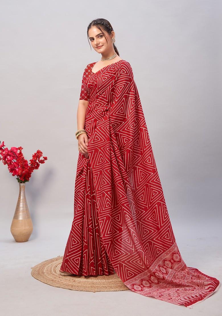 Maroon Ajrakh Print Cotton Saree Set