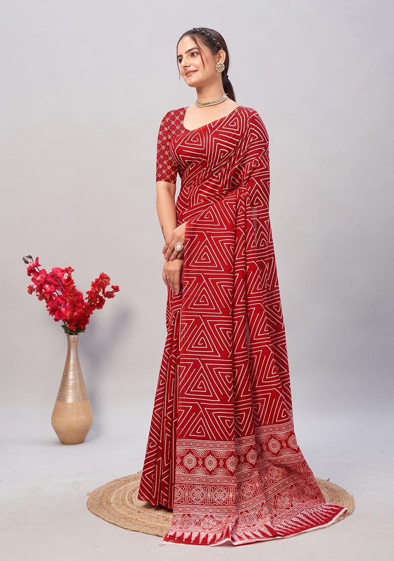 Maroon Ajrakh Print Cotton Saree Set