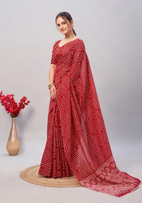 Maroon Ajrakh Print Cotton Saree Set