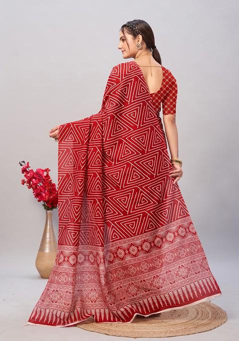 Maroon Ajrakh Print Cotton Saree Set