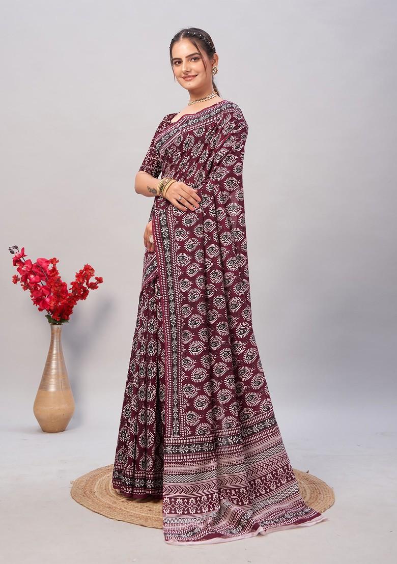 Wine Ajrakh Print Soft Cotton Saree Set
