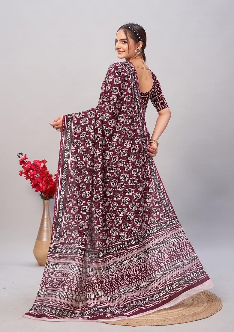 Wine Ajrakh Print Soft Cotton Saree Set