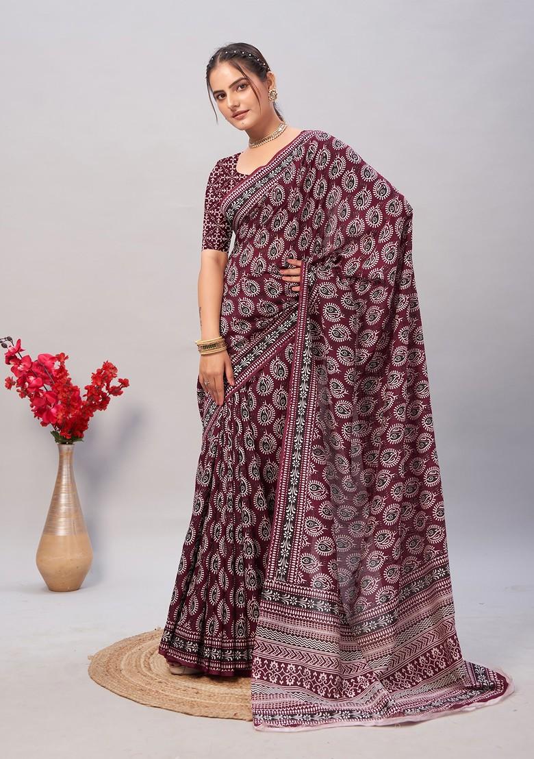 Wine Ajrakh Print Soft Cotton Saree Set