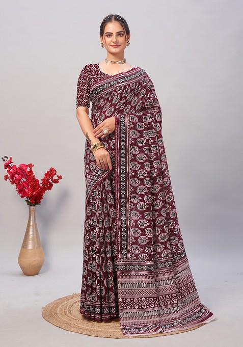 Wine Ajrakh Print Soft Cotton Saree Set