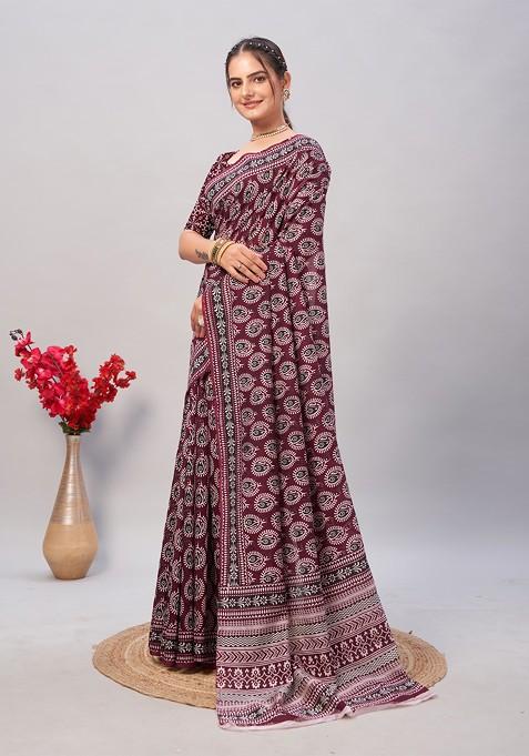 Wine Ajrakh Print Soft Cotton Saree Set