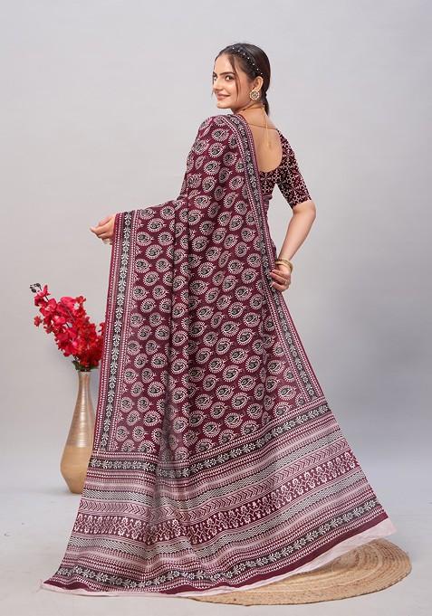 Wine Ajrakh Print Soft Cotton Saree Set