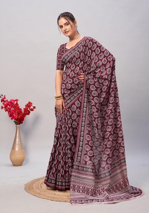 Wine Ajrakh Print Soft Cotton Saree Set