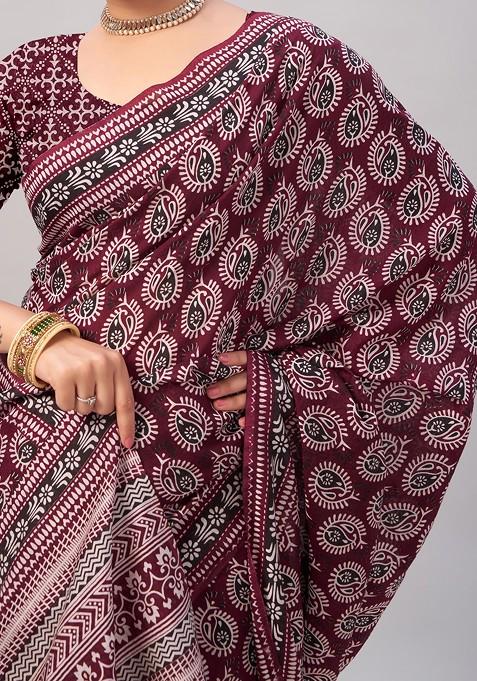 Wine Ajrakh Print Soft Cotton Saree Set