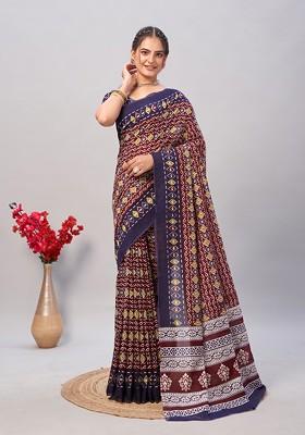 Navy Blue Ajrakh Print Cotton Saree Set