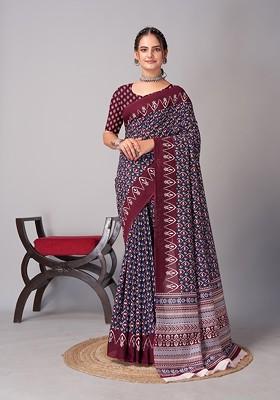 Multicolour Ajrakh Print Soft Cotton Saree Set