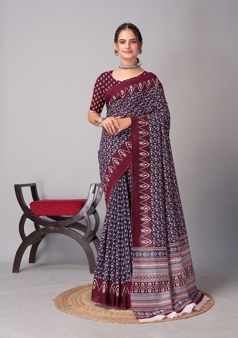 Multicolour Ajrakh Print Soft Cotton Saree Set