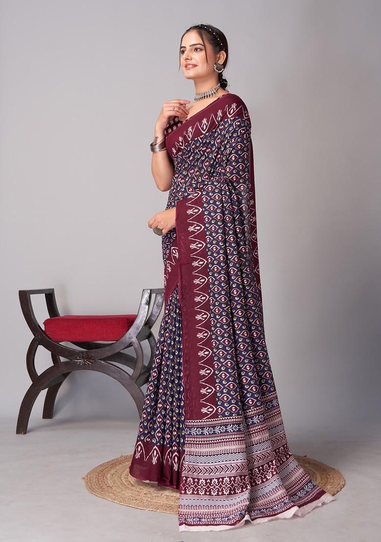 Multicolour Ajrakh Print Soft Cotton Saree Set