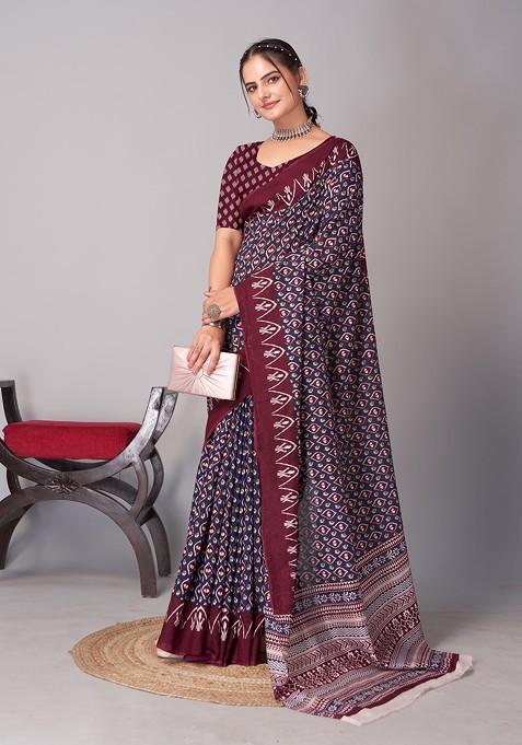 Multicolour Ajrakh Print Soft Cotton Saree Set