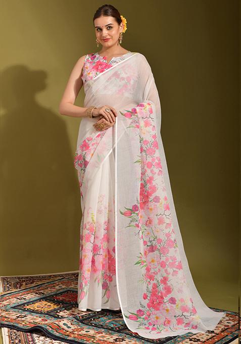 Off White Printed Linen Saree Set