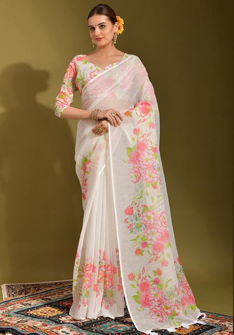 Off White Printed Linen Saree Set