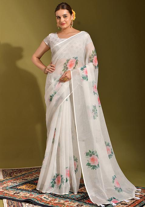 Off White Printed Linen Saree Set