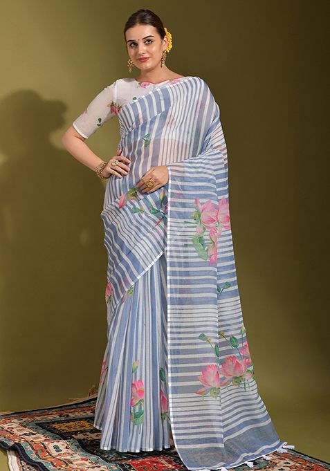 Off White Printed Linen Saree Set