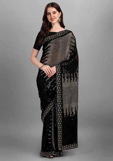 Black Embroidered Georgette Saree Set