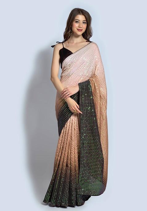 Cream Embroidered Silk Saree Set