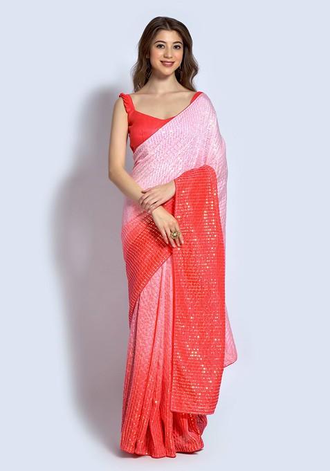 Peach Embroidered Silk Saree Set