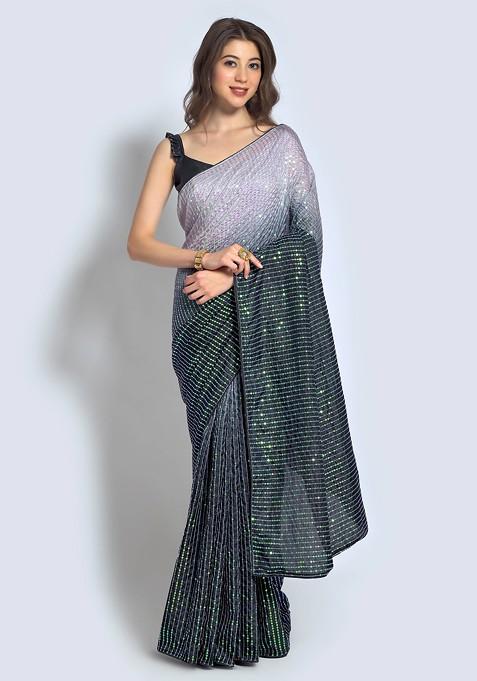 Grey Embroidered Silk Saree Set