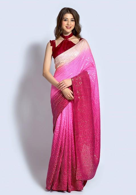 Pink Embroidered Silk Saree Set