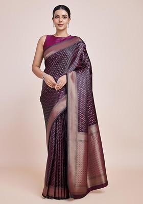 Wine Zari Woven Banarasi Silk Saree Set