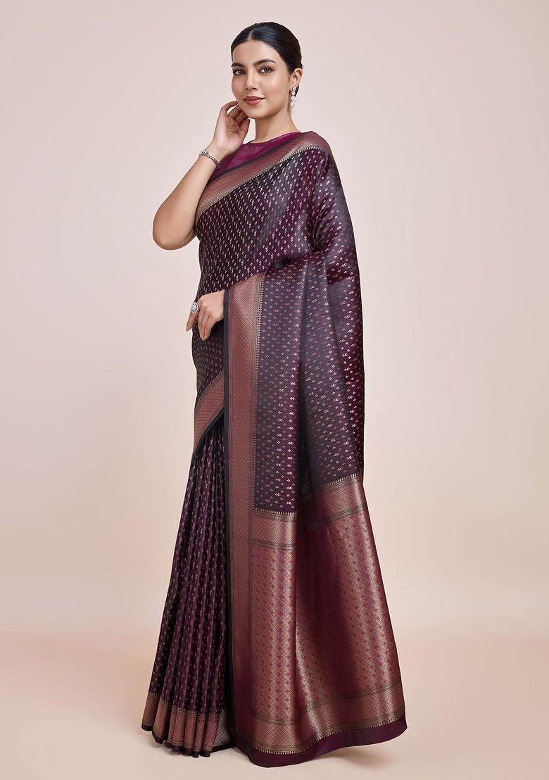 Wine Zari Woven Banarasi Silk Saree Set