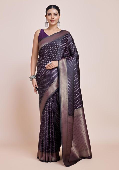 Dark Purple Zari Woven Banarasi Silk Saree Set