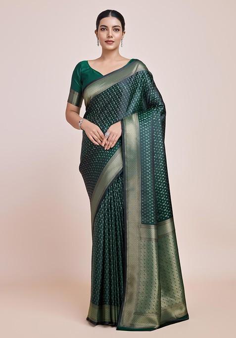 Dark Green Zari Woven Banarasi Silk Saree Set