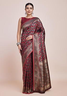 Maroon Zari Woven Banarasi Silk Saree Set