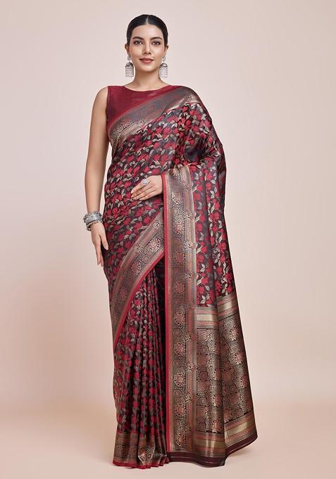 Maroon Zari Woven Banarasi Silk Saree Set